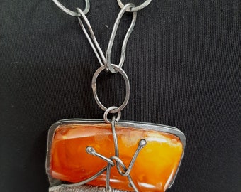 Hand made natural vintage Baltic Amber gemstone pendant with Sterling silver wire pendant necklace. tribalgallery.