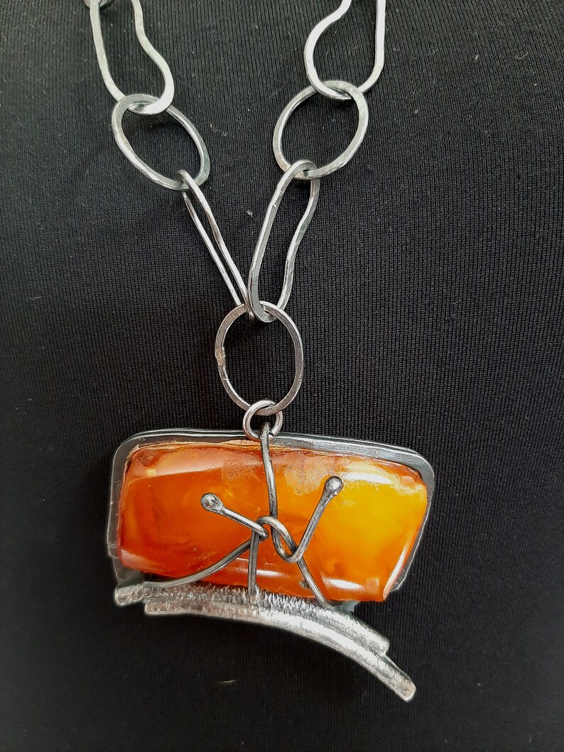 Hand made natural vintage Baltic Amber gemstone pendant with Sterling silver wire pendant necklace. tribalgallery. image 1