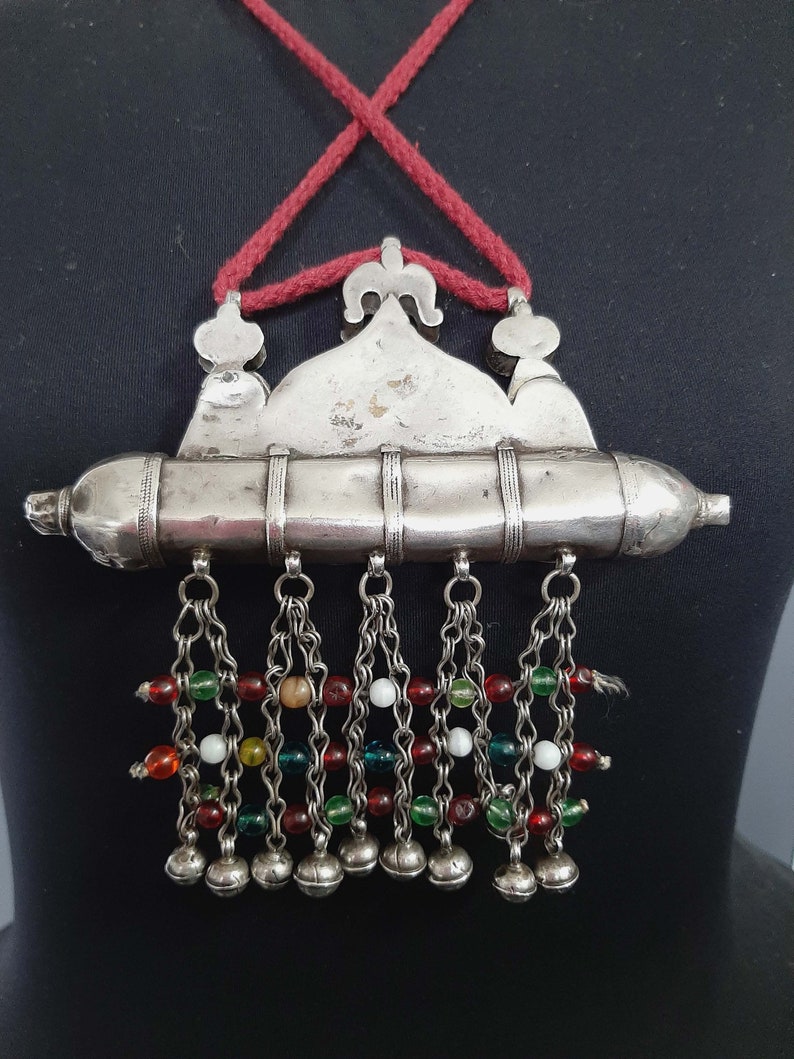 Antique silver fire gilded carnelian pendant necklace / Tumar Turkmenistan/ Karakalpaks Uzbekistan. tribalgallery. image 5