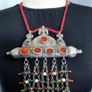Antique silver fire gilded carnelian pendant necklace / Tumar Turkmenistan/ Karakalpaks Uzbekistan. tribalgallery. image 10