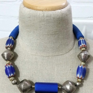 Vintage African style necklace with six layer Chevron beads, Nueva Cadiz cane bead, coin silver beads. tribalgallery.