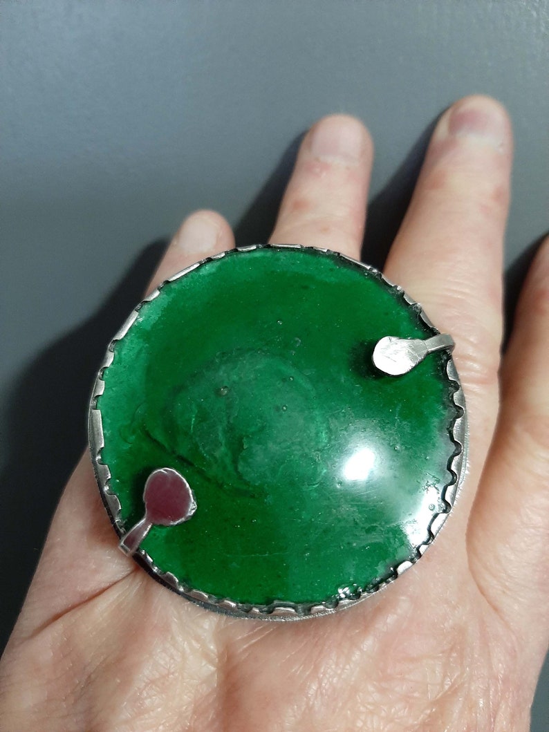 Large round green antique Roman glass piece in modernist artisan oxidized sterling silver ring US size 8 8 1/4. tribalgallery image 9