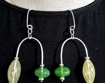 Lovely pair of Sterling silver earrings, blown glass green and yellow glass beads, gift for her. tribalgallery.