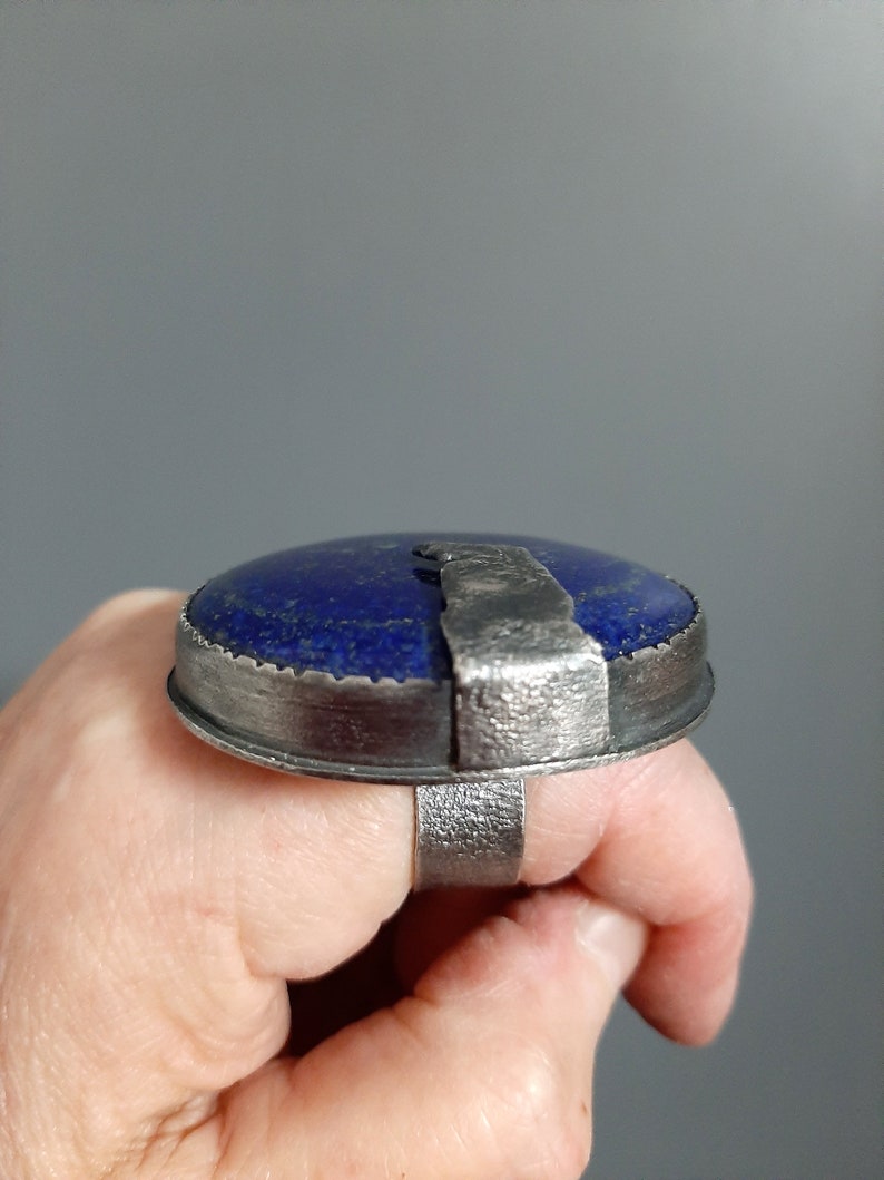 Large round Lapis Lazuli stone in modernist artisan oxidized sterling silver statement ring US size adjustable. tribalgallery image 4