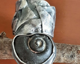 Artisan made modernist raw oxidized sterling silver wide band ring + Gastropod Fossil shell US size 8. tribalgallery