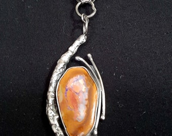 Artisan hand made sterling silver pendant with a natural Australian Boulder Opal gemstone and a hand made silver chain necklace.