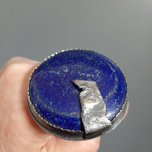 Large round Lapis Lazuli stone in modernist artisan oxidized sterling silver statement ring US size adjustable. tribalgallery image 7