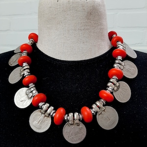 Lovely large silver Indian Rupee coins and pinkish-red donut glass beads necklace. tribalgallery