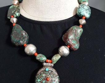 Vintage Tibetan silver Turquoise necklace, low silver beads, turquoise beads, glass beads and Turquoise Ghau pendant ornament necklace.