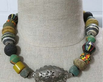 Vintage African trade beads Hebron necklace with silver Berber pendant