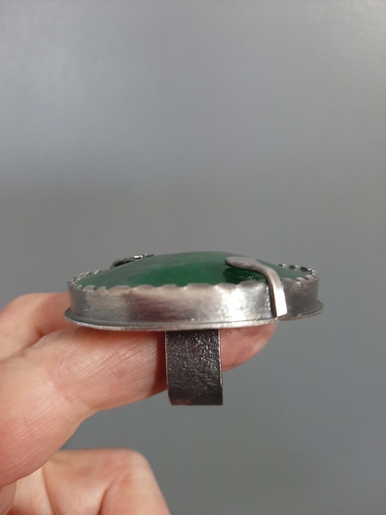 Large round green antique Roman glass piece in modernist artisan oxidized sterling silver ring US size 8 8 1/4. tribalgallery image 6