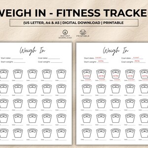 Puede incluir: Un rastreador de fitness imprimible en blanco y negro titulado "WEIGH IN - FITNESS TRACKER". El rastreador incluye espacios para registrar las fechas de inicio y objetivo, los pesos de inicio y objetivo, y una serie de balanzas para rastrear el progreso. También se incluye el texto "US LETTER, A4 & A5 | DIGITAL DOWNLOAD | PRINTABLE".