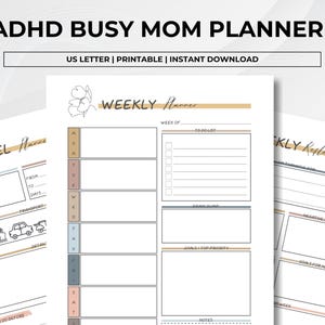 Elegant ADHD Busy Mom Planner printable featuring soft neutral floral designs with monthly calendars, daily planners, weekly planners, habit trackers, brain dump pages, gratitude journaling, meal planning, schedules, water intake tracker, and goal-setting layouts in US Letter size PDF format.