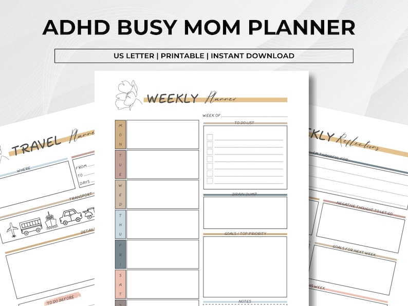 Elegant ADHD Busy Mom Planner printable featuring soft neutral floral designs with monthly calendars, daily planners, weekly planners, habit trackers, brain dump pages, gratitude journaling, meal planning, schedules, water intake tracker, and goal-setting layouts in US Letter size PDF format.