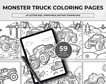 Monster Truck Coloring Pages Printable, 59 Monster Truck Coloring Sheets, Kids Activity Book, US Letter PDF, Instant Download