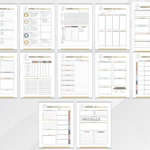 Elegant ADHD Busy Mom Planner printable featuring soft neutral floral designs with monthly calendars, daily planners, weekly planners, habit trackers, brain dump pages, gratitude journaling, meal planning, schedules, water intake tracker, and goal-setting layouts in US Letter size PDF format.