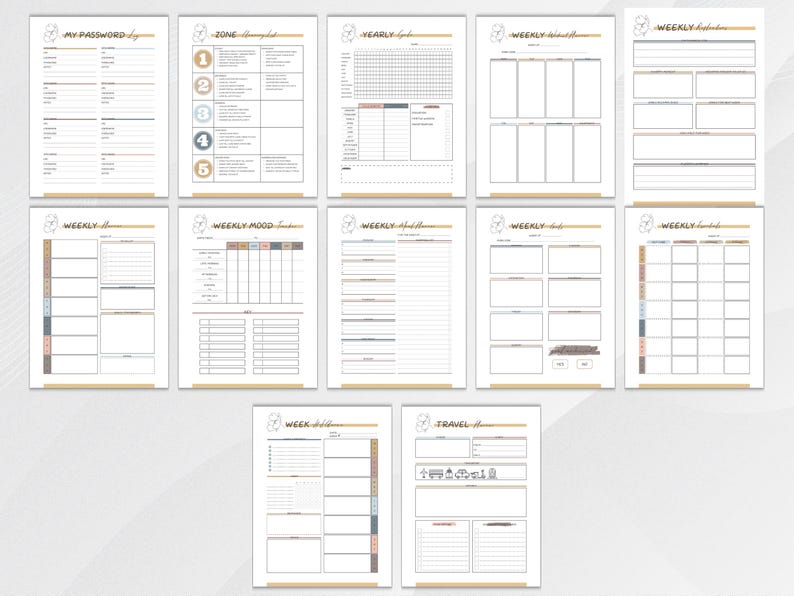 Elegant ADHD Busy Mom Planner printable featuring soft neutral floral designs with monthly calendars, daily planners, weekly planners, habit trackers, brain dump pages, gratitude journaling, meal planning, schedules, water intake tracker, and goal-setting layouts in US Letter size PDF format.