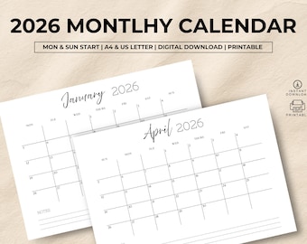 2026 Calendar Planner Printable, Monthly Planner Landscape, 2026 Sunday Start Calendar, 2026 Monday Start, Minimalist 2026 Wall Calendar PDF