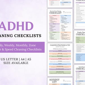 Könnte beinhalten: ADHS-Reinigungs-Checklisten in den Größen US Letter, A4 und A5. Enthält tägliche, wöchentliche, monatliche, Zonen-Tracker und Schnellreinigungs-Checklisten. Das Bild zeigt farbenfrohe Seiten mit Raum-für-Raum- und Wochenreinigungs-Checklisten.