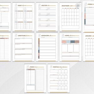 Elegant ADHD Busy Mom Planner printable featuring soft neutral floral designs with monthly calendars, daily planners, weekly planners, habit trackers, brain dump pages, gratitude journaling, meal planning, schedules, water intake tracker, and goal-setting layouts in US Letter size PDF format.