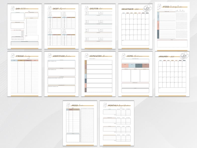 Elegant ADHD Busy Mom Planner printable featuring soft neutral floral designs with monthly calendars, daily planners, weekly planners, habit trackers, brain dump pages, gratitude journaling, meal planning, schedules, water intake tracker, and goal-setting layouts in US Letter size PDF format.