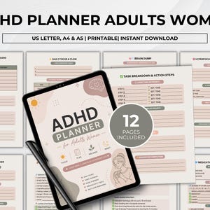 May include: An ADHD planner for adults women, with the text "ADHD PLANNER ADULTS WOMEN" at the top. The planner includes 12 pages and is available in US Letter, A4, and A5 sizes. A tablet and pen are in the image.