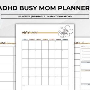 Elegant ADHD Busy Mom Planner printable featuring soft neutral floral designs with monthly calendars, daily planners, weekly planners, habit trackers, brain dump pages, gratitude journaling, meal planning, schedules, water intake tracker, and goal-setting layouts in US Letter size PDF format.