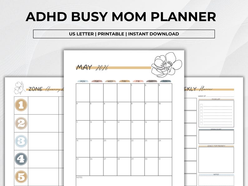 Elegant ADHD Busy Mom Planner printable featuring soft neutral floral designs with monthly calendars, daily planners, weekly planners, habit trackers, brain dump pages, gratitude journaling, meal planning, schedules, water intake tracker, and goal-setting layouts in US Letter size PDF format.