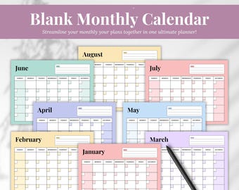 Editable Monthly Calendar Canva | Undated Printable Planning Template | 2026 Blank Monthly Calendar | Instant Download