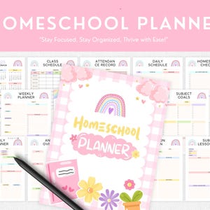 May include: A pink and white Homeschool Planner with a rainbow design and the text "Homeschool Planner". The planner includes pages for schedules, attendance, and goals. A black stylus is on the left side.