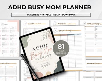 ADHD Busy Mom Planner Printable PDF, Adhd Planner for Women, Daily Weekly Monthly Planner, Neurodivergent Mom Organizer, US Letter