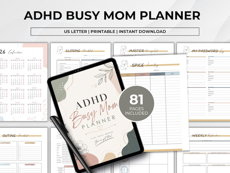 Elegant ADHD Busy Mom Planner printable featuring soft neutral floral designs with monthly calendars, daily planners, weekly planners, habit trackers, brain dump pages, gratitude journaling, meal planning, schedules, water intake tracker, and goal-setting layouts in US Letter size PDF format.