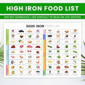 Op de afbeelding: Een witte tabel met de titel "HIGH IRON FOOD LIST" met een groene kop. De tabel geeft verschillende voedingsmiddelen weer met hun ijzergehalte, waaronder bonen, vlees en groenten. De tekst "INSTANT DOWNLOAD | USE DIGITALLY TO READ ON ANY DEVICES" staat boven de tabel.