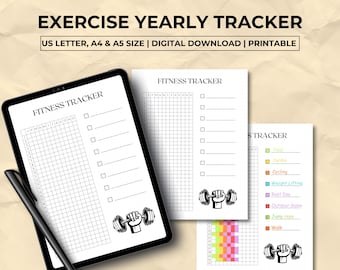 Fitness Tracker Printable, Journal Page, Daily Exercise Tracker, Yearly Tracker, Health Tracker Workout Tracker, Exercise Activity Log