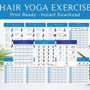 May include: A collection of printable chair yoga exercise guides. The guides include illustrations of various yoga poses, along with a 30-day chair stretch challenge and a 10-day health challenge. The title "CHAIR YOGA EXERCISES" is displayed at the top.