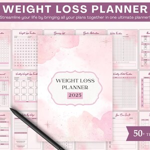 May include: A pink and white weight loss planner with the text "Weight Loss Planner 2025". The planner includes various templates for tracking progress, with the text "50+ Printables Templates". A black stylus is in the foreground.
