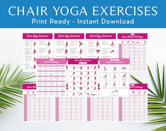 May include: A collection of printable guides for chair yoga exercises, featuring pink and white designs. The guides include illustrations of various yoga poses and the text "Chair Yoga Exercises" and "Chair Stretch Challenge". The top banner reads "CHAIR YOGA EXERCISES Print Ready - Instant Download".