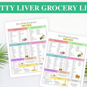 Puede incluir: Dos hojas impresas con el texto "FATTY LIVER GROCERY LIST" y "Zero Point Food List EAT THIS". Las listas se dividen en categorías como Proteínas animales, Frutas y Verduras no almidonadas, con alimentos enumerados.