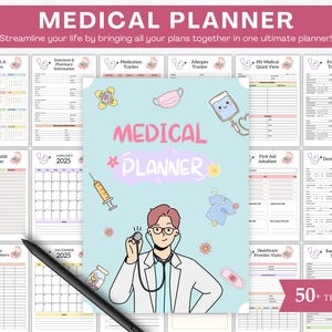 以下が含まれることがあります： 医師のイラストと「MEDICAL PLANNER」の文字が入った、水色の表紙の医療用プランナー。 プランナーには、さまざまなトラッカーとカレンダーが含まれており、下部には「50+ TEMPLATES」という文字があります。 スタイラスが前景にあります。