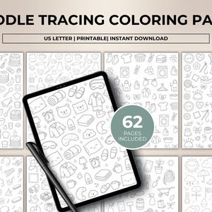 May include: A digital collection of 62 doodle tracing coloring pages featuring black and white line art illustrations of household items, clothing, and weather icons. The text DOODLE TRACING COLORING PAGES is displayed at the top of the image.