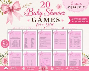 Girl Baby Shower Games Printable, Pink Baby Shower Bundle, Pink Bow Baby Shower Activity Pack, A4 A5 5x7 PDF, Instant Download