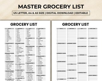 Minimalist Master Grocery List, Pre Filled Grocery List Printable, Blank Grocery List, Minimalist Sopping List, Editable Canva Template