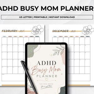 Elegant ADHD Busy Mom Planner printable featuring soft neutral floral designs with monthly calendars, daily planners, weekly planners, habit trackers, brain dump pages, gratitude journaling, meal planning, schedules, water intake tracker, and goal-setting layouts in US Letter size PDF format.