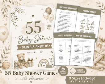 Editable Baby Shower Game Bundle, Canva Baby Shower Games, Neutral Baby Shower Games Bundle, 55 Printable Party Games, Instant Download