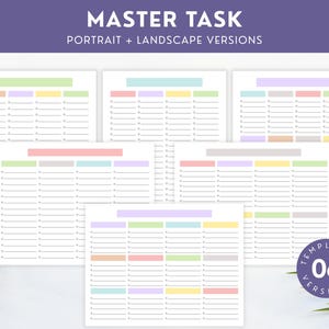 May include: A collection of six printable master task templates in portrait and landscape versions. Each template features a colorful header and lined sections for task organization. The image includes the text "MASTER TASK" and "PORTRAIT + LANDSCAPE VERSIONS".
