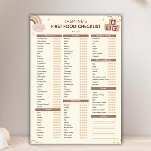 May include: A beige and brown baby's first food checklist with the text "Jasmine's First Food Checklist". The checklist includes vegetables, fruits, herbs, spices, top allergens, dairy, proteins, grains, and other categories.