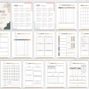 Elegant ADHD Busy Mom Planner printable featuring soft neutral floral designs with monthly calendars, daily planners, weekly planners, habit trackers, brain dump pages, gratitude journaling, meal planning, schedules, water intake tracker, and goal-setting layouts in US Letter size PDF format.