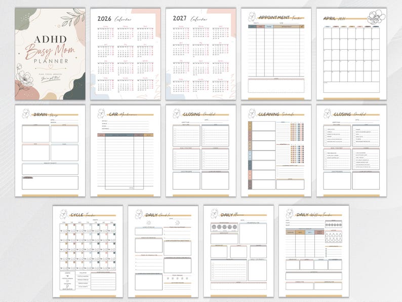 Elegant ADHD Busy Mom Planner printable featuring soft neutral floral designs with monthly calendars, daily planners, weekly planners, habit trackers, brain dump pages, gratitude journaling, meal planning, schedules, water intake tracker, and goal-setting layouts in US Letter size PDF format.