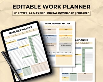 Work Priority Matrix & Daily Planner Canva Editable, Eisenhower Matrix Printable, Work Day Planner Template, Productivity Planner