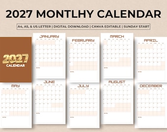2027 Monthly Calendar Printable, 2027 Minimalist Calendar, Editable Canva Calendar, Printable Planner 2027, A4 A5 US Letter PDF